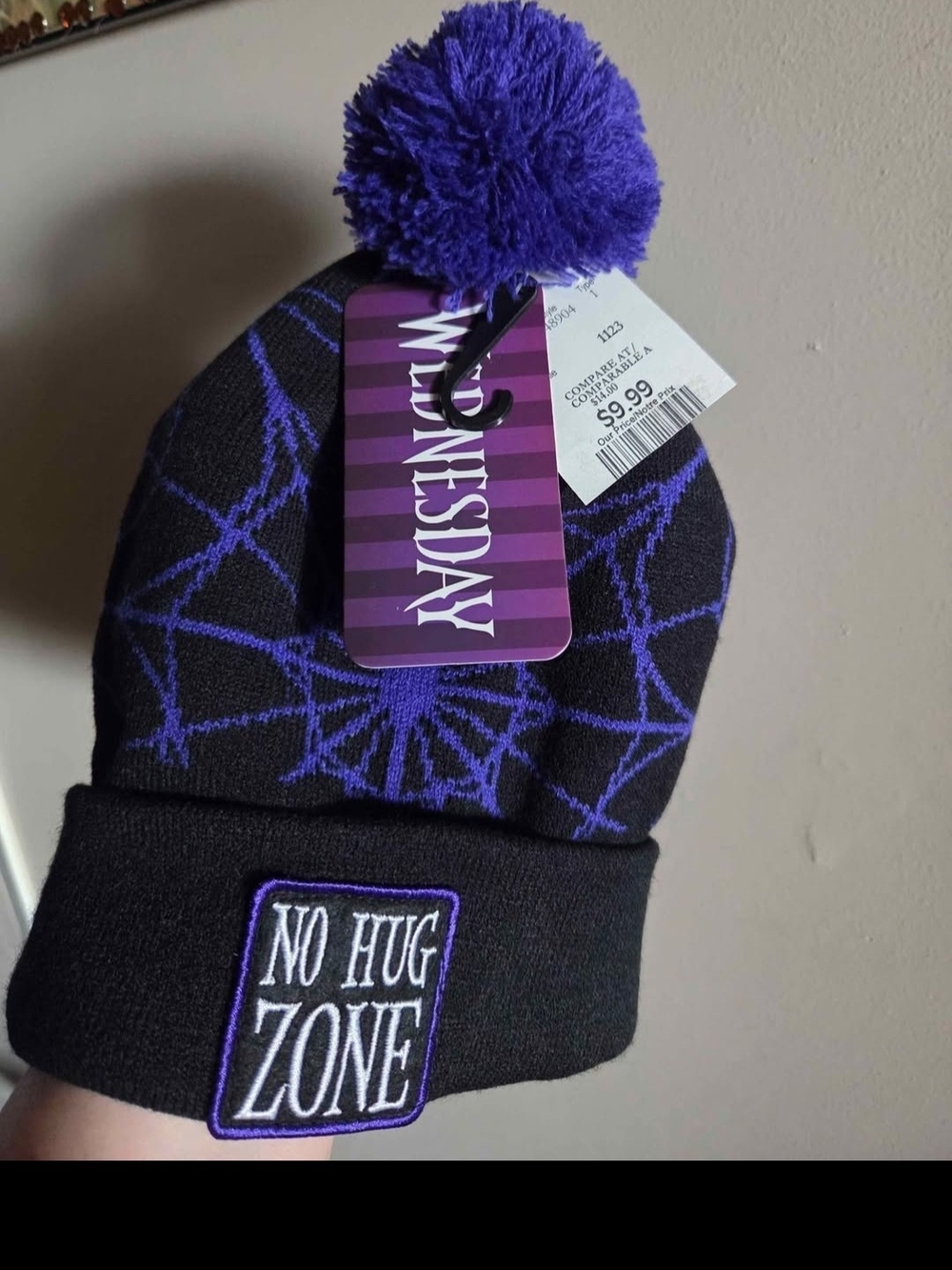 Maddie & Shay Black and Purple 'No Hug Zone' Pom Beanie